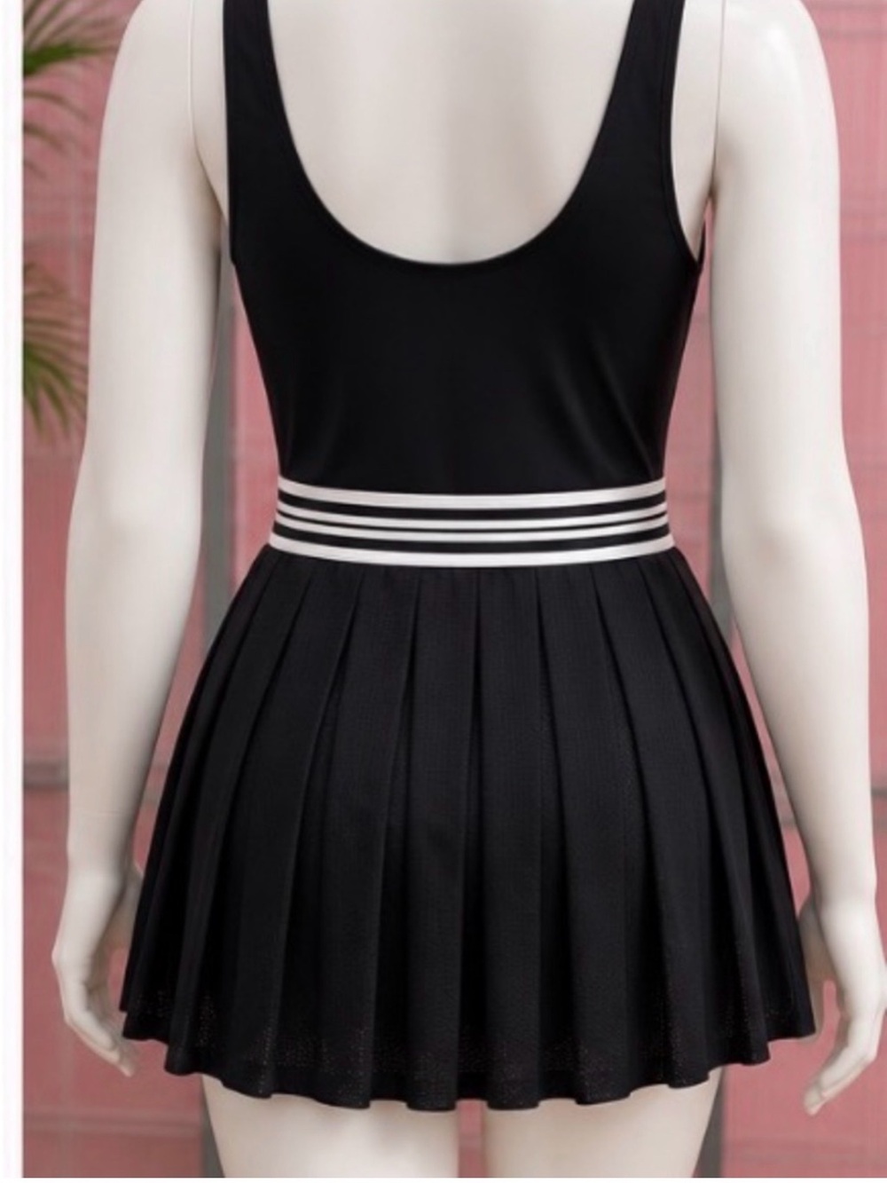 Avia Black Tennis-Inspired Pleated Skirt Dress with White Striped Waist
